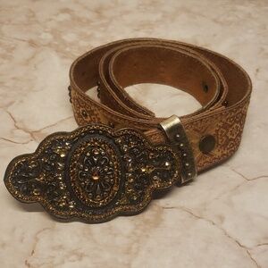 Cache brown and gold metal studs big metal rhinestone buckle women's belt size S